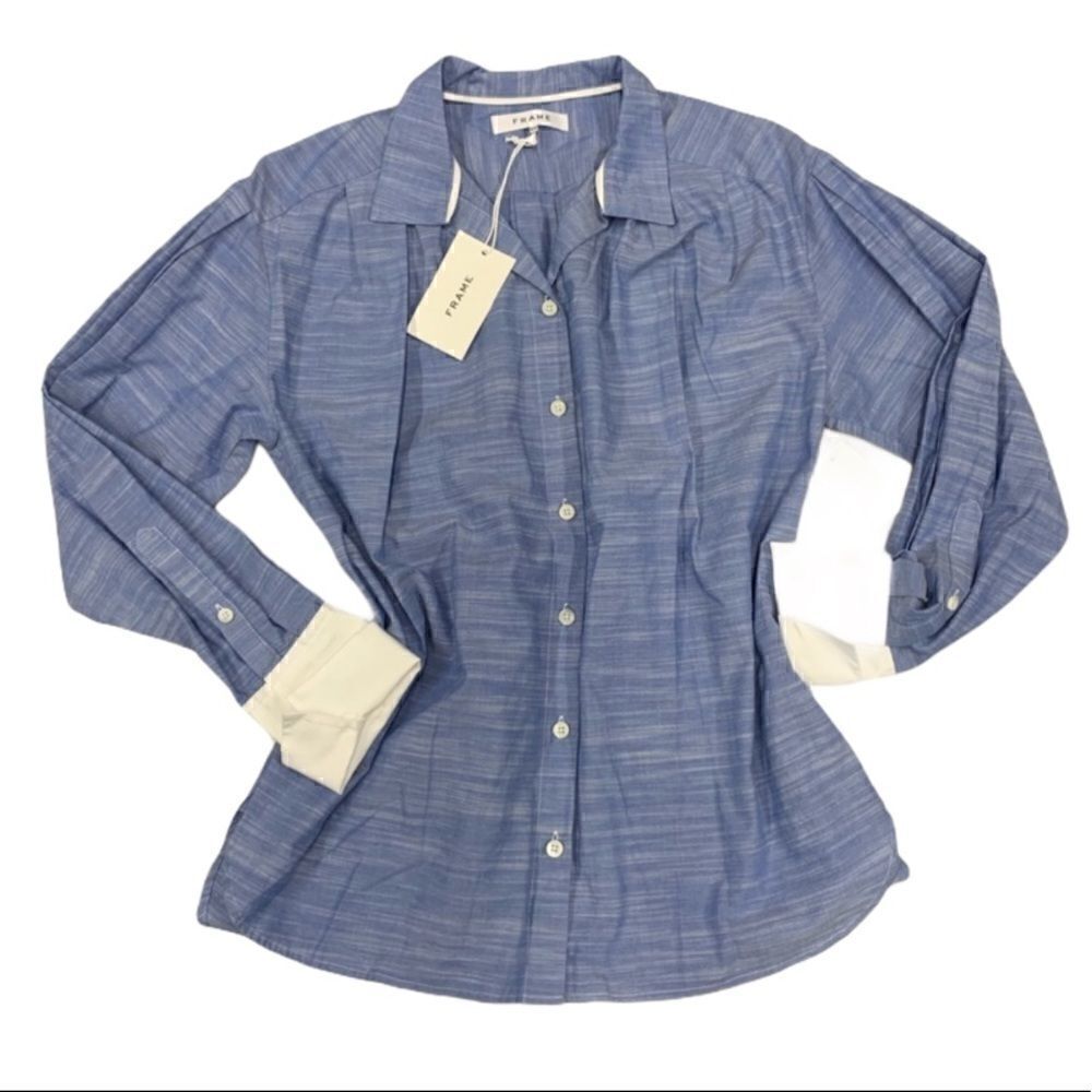 Frame Oxford Blue Pleated Contrast Cuff Button Up - Picture 10 of 11